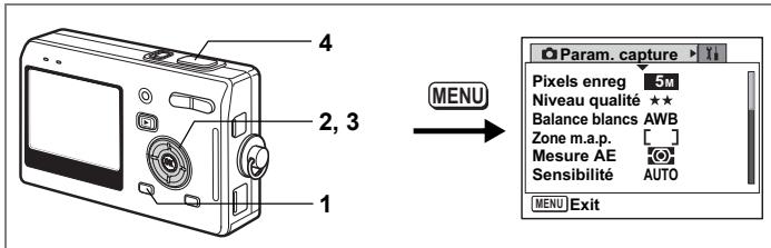 4 2, 3 1 MENU Param. capture Pixels enreg 5M Niveau qualité ★★ Balance blancs AWB Zone m.a.p. [ ] Mesure AE Sensibilité AUTO MENU Exit