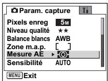 Param. capture Pixels enreg 5M Niveau qualité ★★ Balance blancs AWB Zone m.a.p. [ ] Mesure AE ▶ Sensibilité AUTO MENU Exit