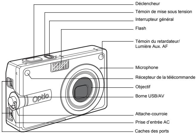Déclencheur Témoin de mise sous tension Interrupteur général Flash Témoin du retardateur/ Lumière Aux. AF Microphone Récepteur de la télécommande Objectif Borne USB/AV Attache-courroie Prise d'entrée AC Caches des ports