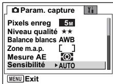 Param. capture Pixels enreg 5M Niveau qualité ★★ Balance blancs AWB Zone m.a.p. [ ] Mesure AE Sensibilité AUTO MENU Exit