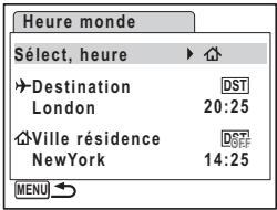 PENTAX OPTIO W30 - Affichage de l'heure de la destination sur l'écran LCD (Sélect, heure) - 1