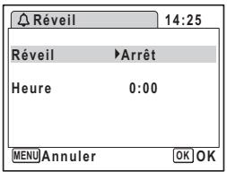 Réveil 14:25 Réveil ▶Arrêt Heure 0:00 MENU Annuler OK OK