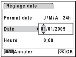Réglage date Format date J/M/A 24h Date 01/01/2005 Heure 0:00 MENU Annuler OK OK