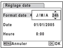 Réglage date Format date J/M/A 24h Date 01/01/2005 Heure 0:00 MENU Annuler OK OK