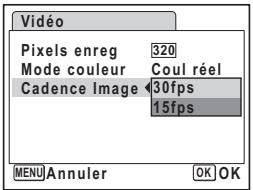 Vidéo Pixels enreg 320 Mode couleur Coul réel Cadence Image 30fps 15fps MENU Annuler OK OK