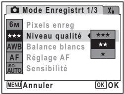 Mode Enregistrer 1/3 6M Pixels enreg *** Niveau qualité ★★★★ AWB Balance blancs ★★★ AF Réglage AF ★ ISO Sensibilité AUTO Sensibilité MENU Annuler OK OK
