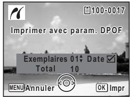 Imprimer avec param. DPOF Exemplaires 01 Date Total 10 MENU Annuler OK Impr