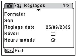 4Xi Réglages 1/3 Formater Son Réglage date 25/09/2005 Réveil □ Heure monde ↗ MENU Exit