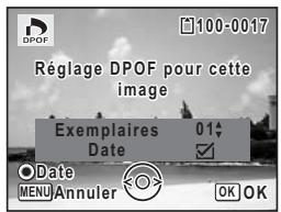 DPOF 100-0017 Réglage DPOF pour cette image Exemplaires 01 Date Date MENU Annuler OK OK