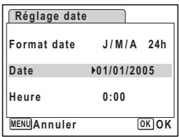 Réglage date Format date J/M/A 24h Date ▶01/01/2005 Heure 0:00 MENU Annuler OK OK