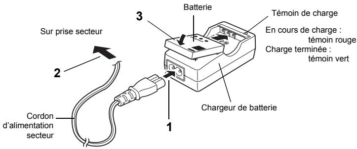 Sur prise secteur 2 Cordon d'alimentation secteur 1 Chargeur de batterie 3 Batterie Témoin de charge En cours de charge : témoin rouge Charge terminée : témoin vert
