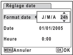 Réglage date Format date J/M/A 24h Date 01/01/2005 Heure 0:00 MENU Annuler OK OK