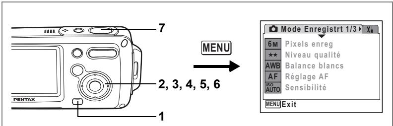 7 MENU 2, 3, 4, 5, 6 1 PENTAX Mode Enregistre 1/3 > X# 6M Pixels enreg ★★ Niveau qualité AWB Balance blancs AF Réglage AF GO Sensibilité AUTO MENU Exit