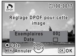 DPOF 100-0017 Réglage DPOF pour cette image Exemplaires 00 Date Date MENU Annuler OK OK