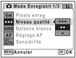Mode Enregistrt 1/3 6 M Pixels enreg ★★★ Niveau qualité ★★★ AWB Balance blancs ★★★ AF Réglage AF ★ ISO AUTO Sensibilité MENU Annuler OK OK