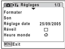 Formater Son Réglage date 25/09/2005 Réveil Heure monde