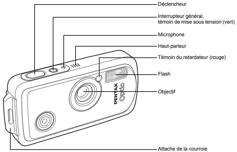 Déclencheur Interrupteur général, témoin de mise sous tension (vert) Microphone Haut-parleur Témoin du retardateur (rouge) Flash Objectif PENTAX ATTACHE DE LA COURROIE