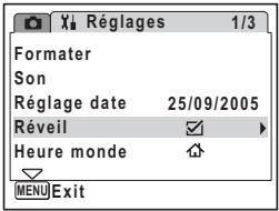 Réglages 1/3 Formater Son Réglage date 25/09/2005 Réveil Heure monde MENU Exit