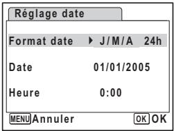 Réglage date Format date ▶ J/M/A 24h Date 01/01/2005 Heure 0:00 MENU Annuler OK OK