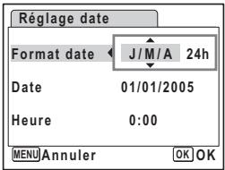 Réglage date Format date J/M/A 24h Date 01/01/2005 Heure 0:00 MENU Annuler OK OK
