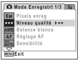 Mode Enregistre 1/3 6 M Pixels enreg *** Niveau qualité ▶** AWB Balance blancs AF Réglage AF ISO Sensibilité AUTO MENU Exit