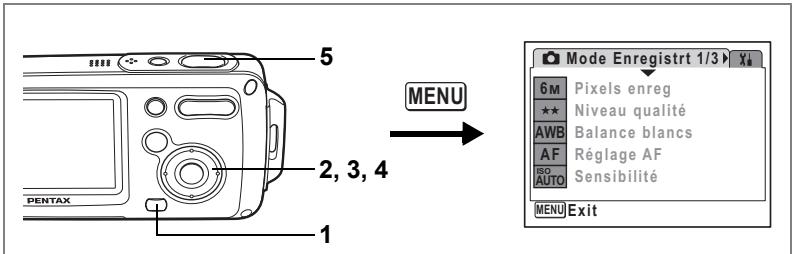 5 2, 3, 4 1 PENTAX MENU Mode Enregistre 1/3 6M Pixels enreg Niveau qualité AWB Balance blancs AF Réglage AF AUTO Sensibilité MENU Exit