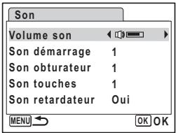 Son Volume son Son démarrage 1 Son obturateur 1 Son touches 1 Son retardateur Oui MENU OK OK