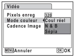 Vidéo Pixels enreg 320 Mode couleur Coul réel Cadence Image N & B Sépia MENU Annuler OK OK