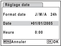 Réglage date Format date J/M/A 24h Date ▶01/01/2005 Heure 0:00 MENU Annuler OK OK