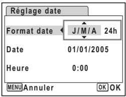 Réglage date Format date J/M/A 24h Date 01/01/2005 Heure 0:00 MENU Annuler OK OK