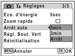 Réglages 3/3 Eco. d'énergie 5sec Zoom rapide □ Arrêt auto 5min Régl. Bout. Vert 3min Réinitialisation Arrêt MENU Annuler OK OK