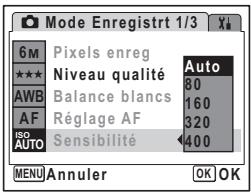Mode Enregistrt 1/3 6 M Pixels enreg Auto Niveau qualité 80 AWB Balance blancs 160 AF Réglage AF 320 ISO Sensibilité 400 AUTO AUTO MENU Annuler OK OK