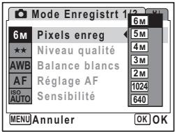 Mode Enregistrer 1 6M Pixels enreg 5M Niveau qualité 4M AWB Balance blancs 3M AF Réglage AF 2M ISO Sensibilité 1024 AUTO Sensibilité 640 MENU Annuler OK OK
