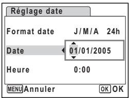 Réglage date Format date J/M/A 24h Date 01/01/2005 Heure 0:00 MENU Annuler OK OK