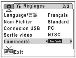 Réglages 2/3 Language/言語 Français Nom Fichier Standard Connexion USB PC Sortie vidéo NTSC Luminosité MENU Exit