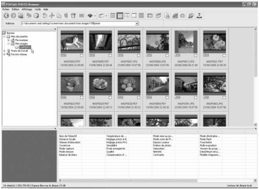 PENTAX PHOTO BROWSER 2.0 - Dans l'arborescence des dossiers, sélectionnez celui qui contient le fichier image à afficher. - 1
