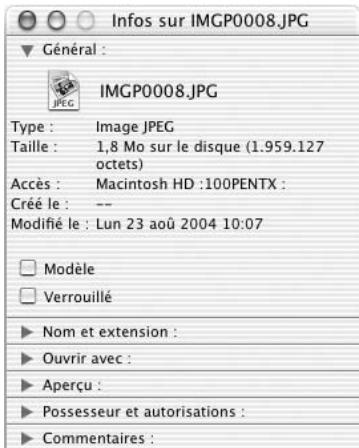 PENTAX PHOTO BROWSER 2.0 - Affichage des propriétés des fichiers/dossiers image (pour Macintosh) - 2