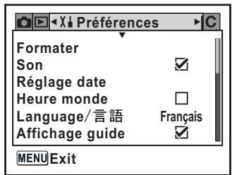 Formater Son Réglage date Heure monde Language/言語 Affichage guide Français MENU Exit