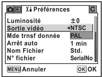 Luminosité ±0 Sortie vidéo NTSC Mde trnsf donnée PAL Arrêt auto 1 min Nom Fichier Std. N° fichier SerialNo MENU Annuler OK OK