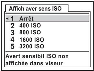 Affich aver sens ISO 1 Arrêt 2 400 ISO 3 800 ISO 4 1600 ISO 5 3200 ISO Avert sensibil ISO non affichée dans viseur