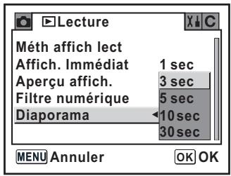 Lecture Méth affich lect Affich. Immédiat 1 sec Aperçu affich. 3 sec Filtre numérique 5 sec Diaporama <10 sec 30 sec MENU Annuler OK OK