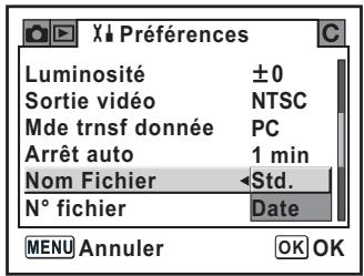 Luminosité ±0 Sortie vidéo NTSC Mde trnsf donnée PC Arrêt auto 1 min Nom Fichier Std. N° fichier Date MENU Annuler OK OK