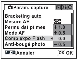 Param. capture Bracketing auto Mesure AE Permu dst pt mes + 1.0 Mode AF + 0.5 Comp expo Flash - 0.0 Anti-bougé photo - 0.5 MENU Annuler OK OK