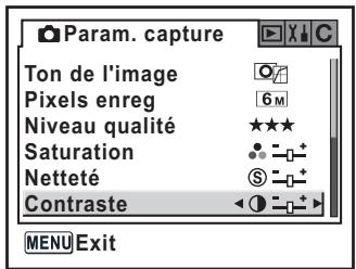 Param. capture Ton de l'image Pixels enreg 6 M Niveau qualité ★★★ Saturation ● - + Netteté S - + Contraste ← ● - - MENU Exit