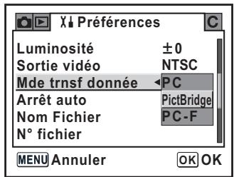 Luminosité ±0 Sortie vidéo NTSC Mde trnsf donnée PC Arrêt auto PictBridge Nom Fichier PC-F N° fichier MENU Annuler OK OK
