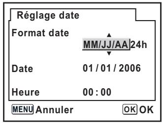 Réglage date Format date MM/JJ/AA 24h Date 01 / 01 / 2006 Heure 00 : 00 MENU Annuler OK OK