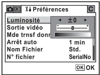 Luminosité Sortie vidéo Mde trnsf donn Arrêt auto 1 min Nom Fichier Std. N° fichier SerialNo OK OK