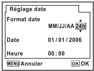 Réglage date Format date MM/JJ/AA 24h Date 01 / 01 / 2006 Heure 00 : 00 MENU Annuler OK OK
