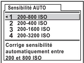 Sensibilité AUTO 1 200-800 ISO 2 200-400 ISO 3 200-1600 ISO 4 200-3200 ISO Corrige sensibilité automatiquement entre 200 et 800 ISO