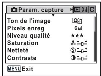 Param. capture Ton de l'image Pixels enreg 6 M Niveau qualité ★★★ Saturation ● - + Netteté S - + Contraste ● - + MENU Exit